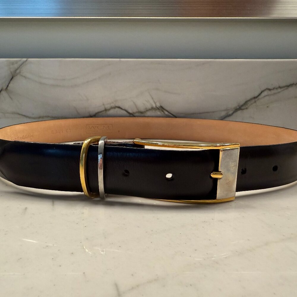WCM New York Italian calfskin black leather belt with silver/gold tone buckle